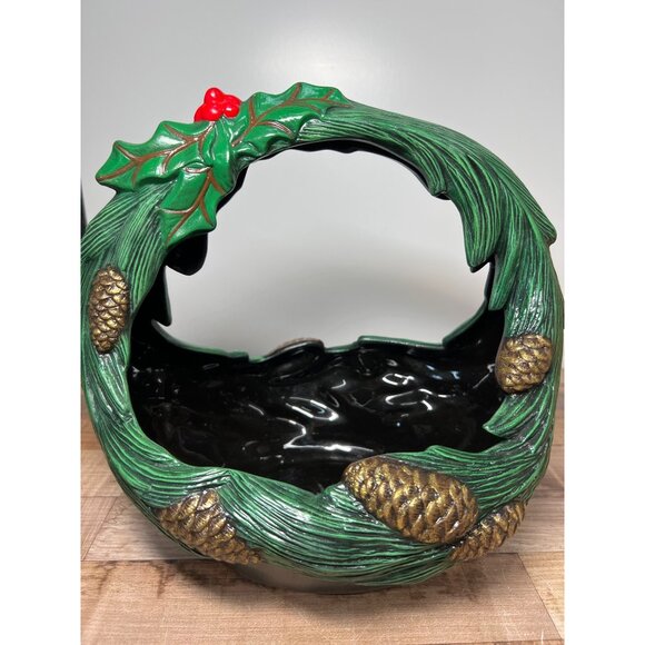 VTG Ceramic Christmas Decorative Pinecone Holly Basket Holland Mold Centerpiece - Picture 1 of 7